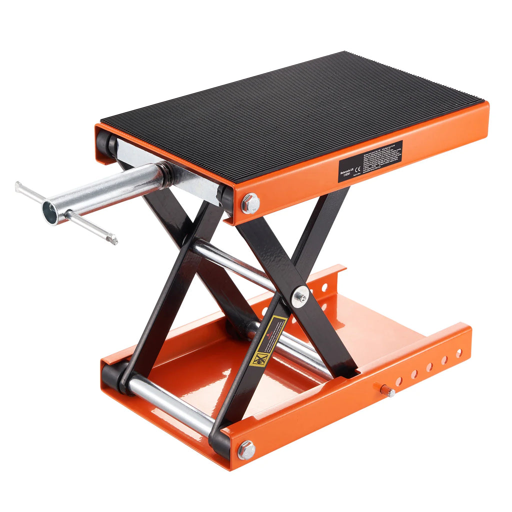 Orange and black scissor motorcycle lift jack with metal handle