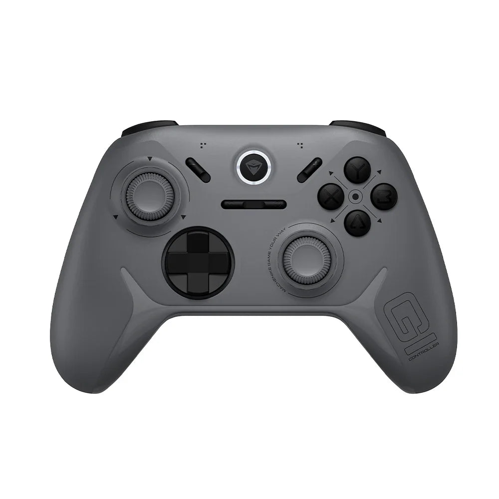 Grey wireless gaming controller with D-pad, analog sticks, and face buttons