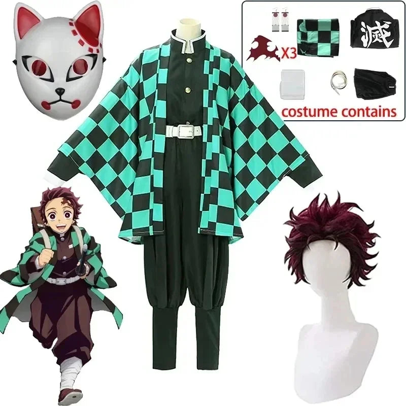 Green and black checkered cosplay kimono uniform set with fox mask and burgundy wig