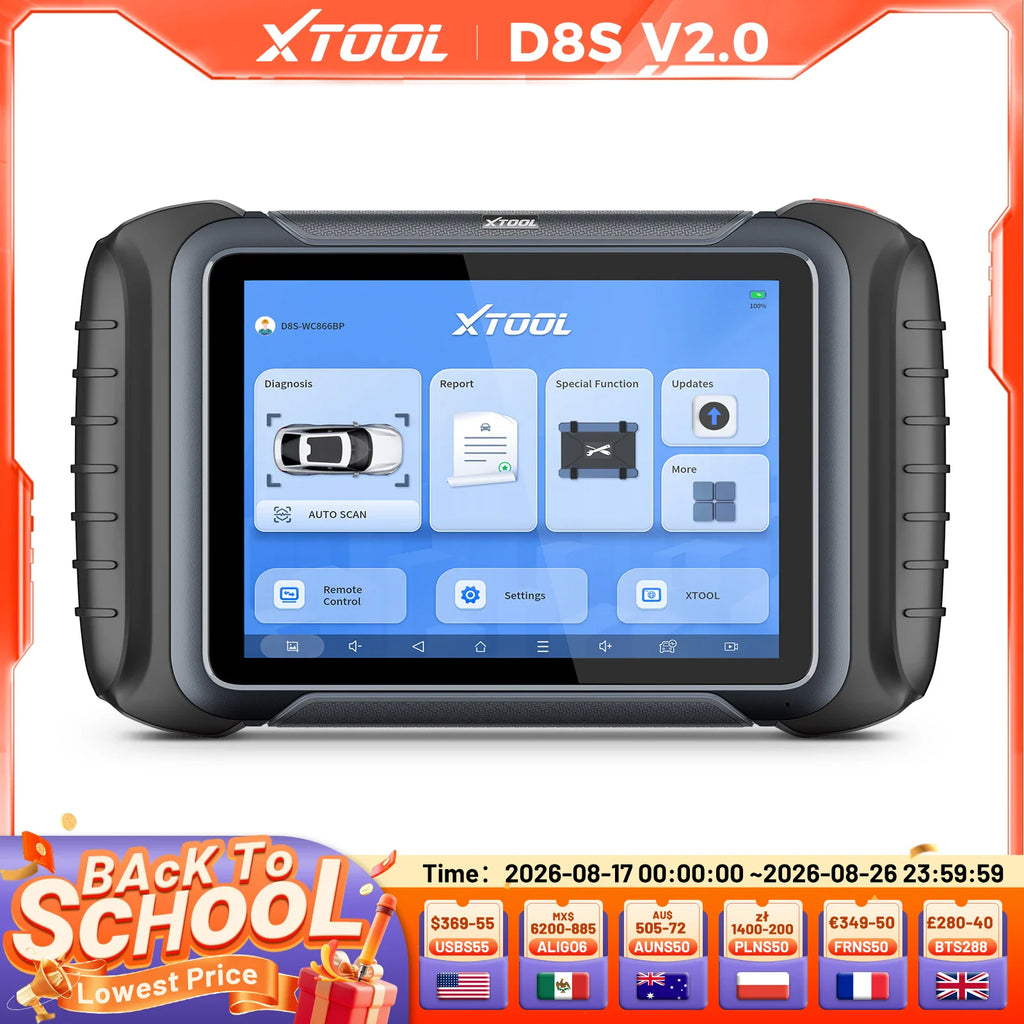 Automotive diagnostic tablet with a touchscreen displaying system menus, features and settings.