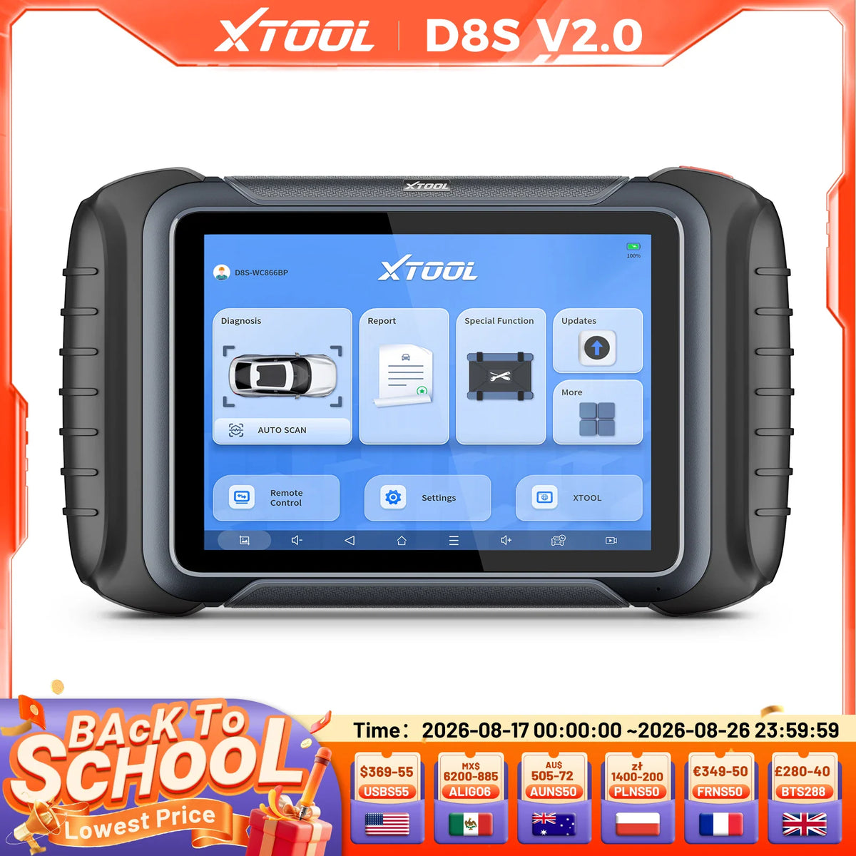 Automotive diagnostic tablet with a touchscreen displaying system menus, features and settings.