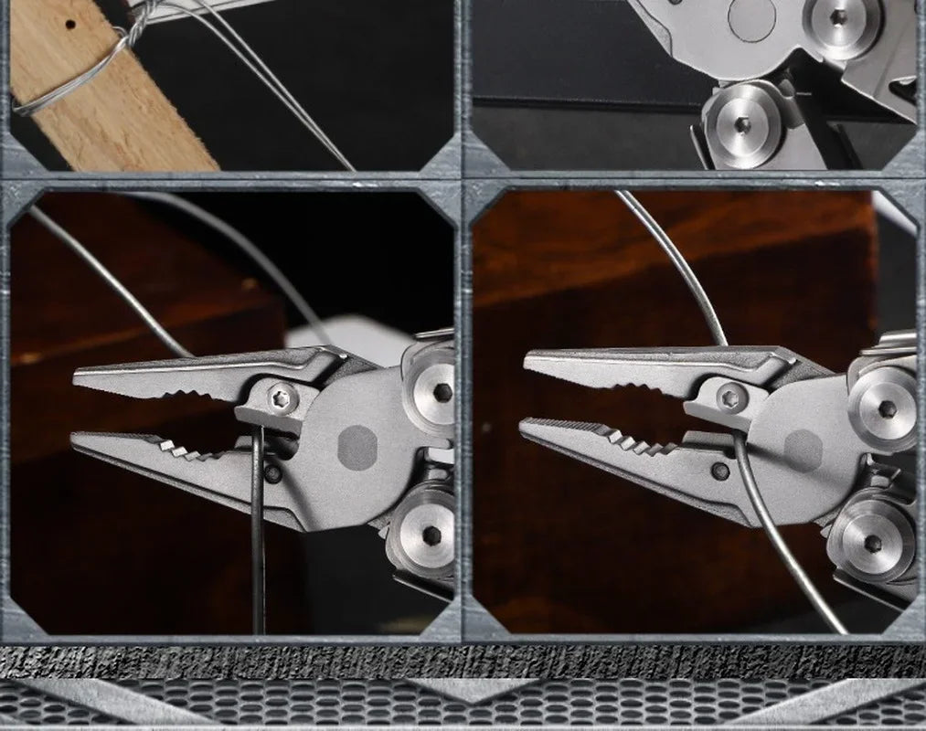 Stainless steel multifunctional pliers being used to cut wire