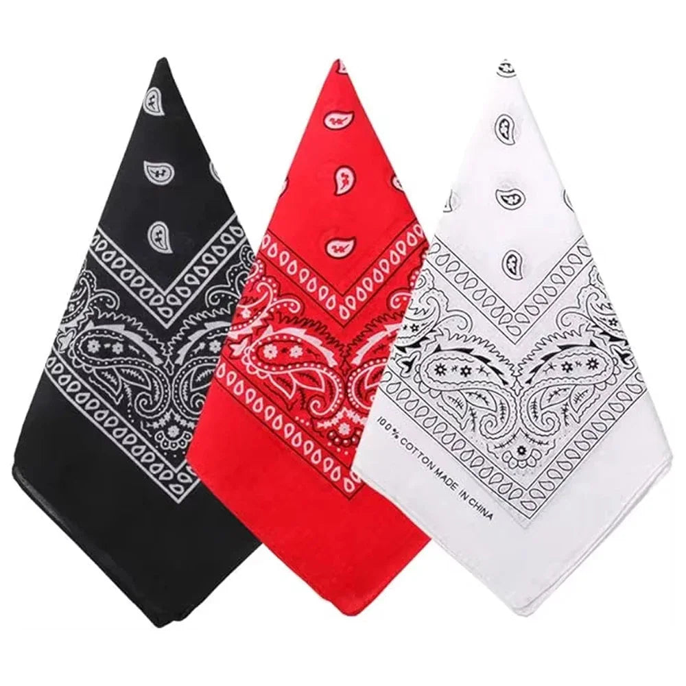 Three square bandanas in black, red, and white with traditional paisley pattern.