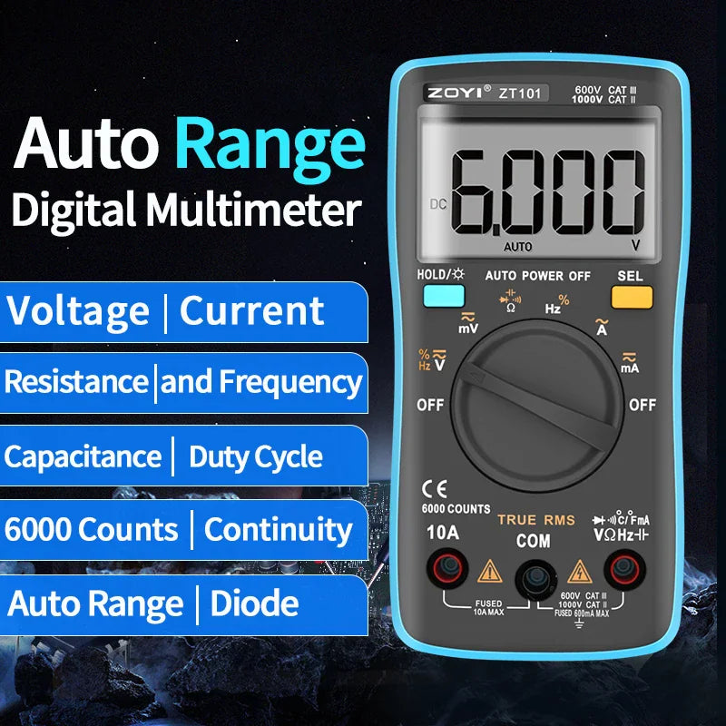 Digital multimeter with auto-ranging, displaying voltage, current, resistance, frequency, and other electrical measurements