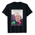 Black crew neck t-shirt featuring a funny pig character calling on a phone screen graphic