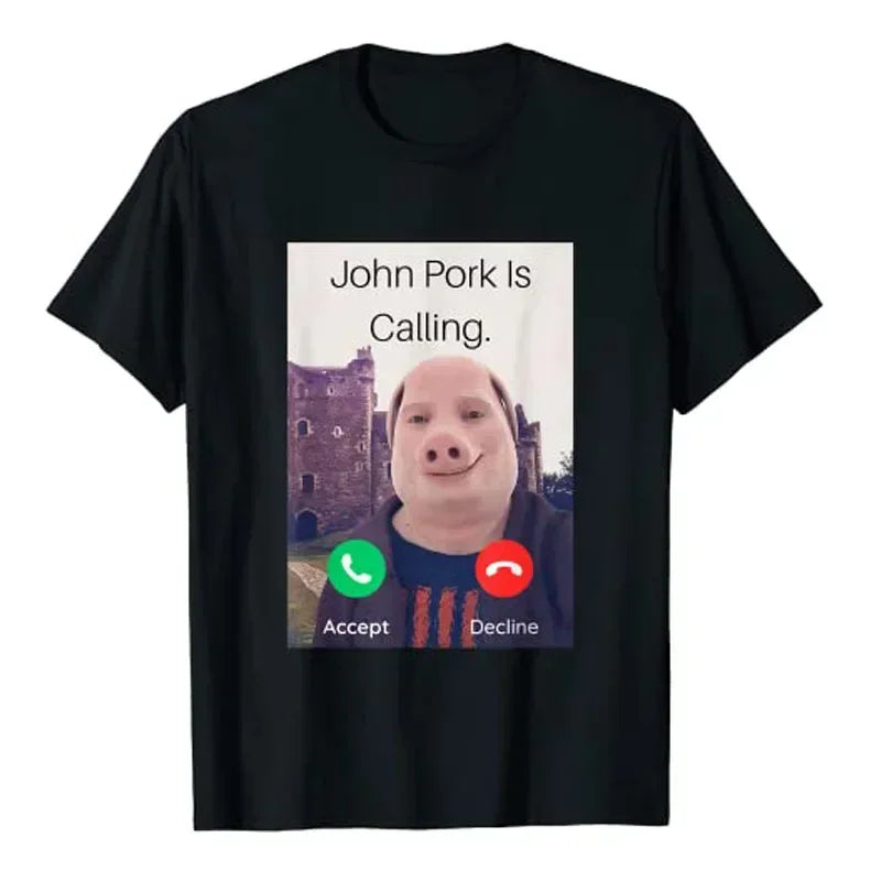 Black crew neck t-shirt featuring a funny pig character calling on a phone screen graphic