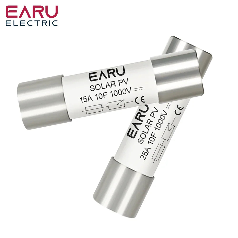 Two solar PV fuses of different amperage ratings positioned at an angle.