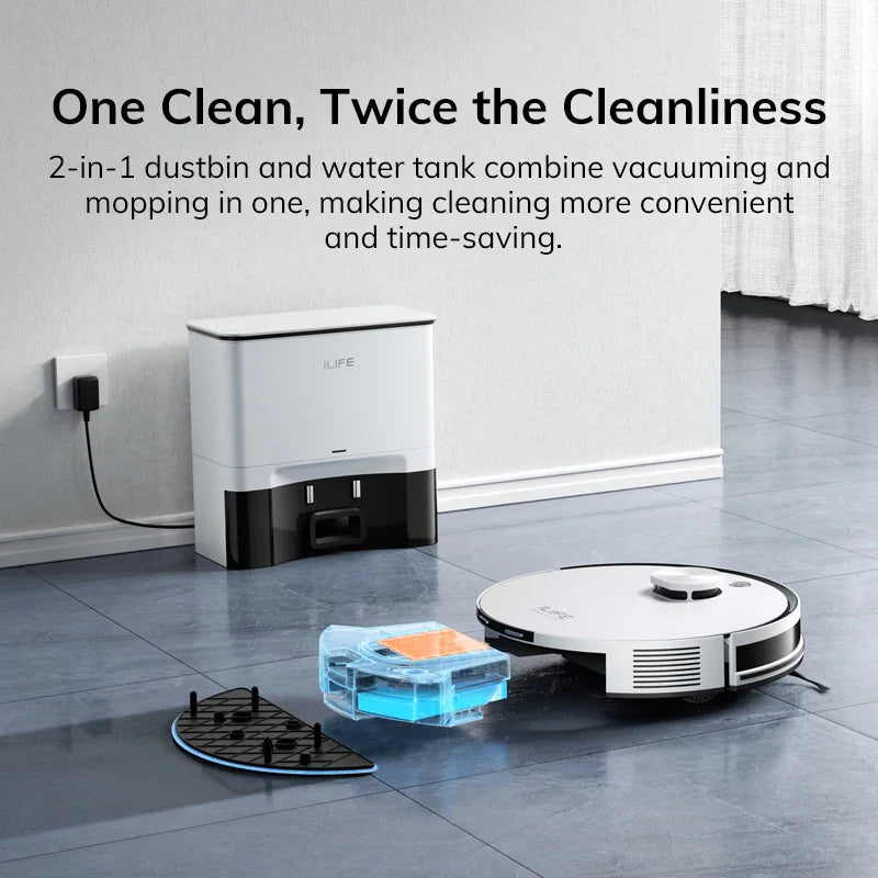 White robot vacuum cleaner showing separate dustbin and water tank components
