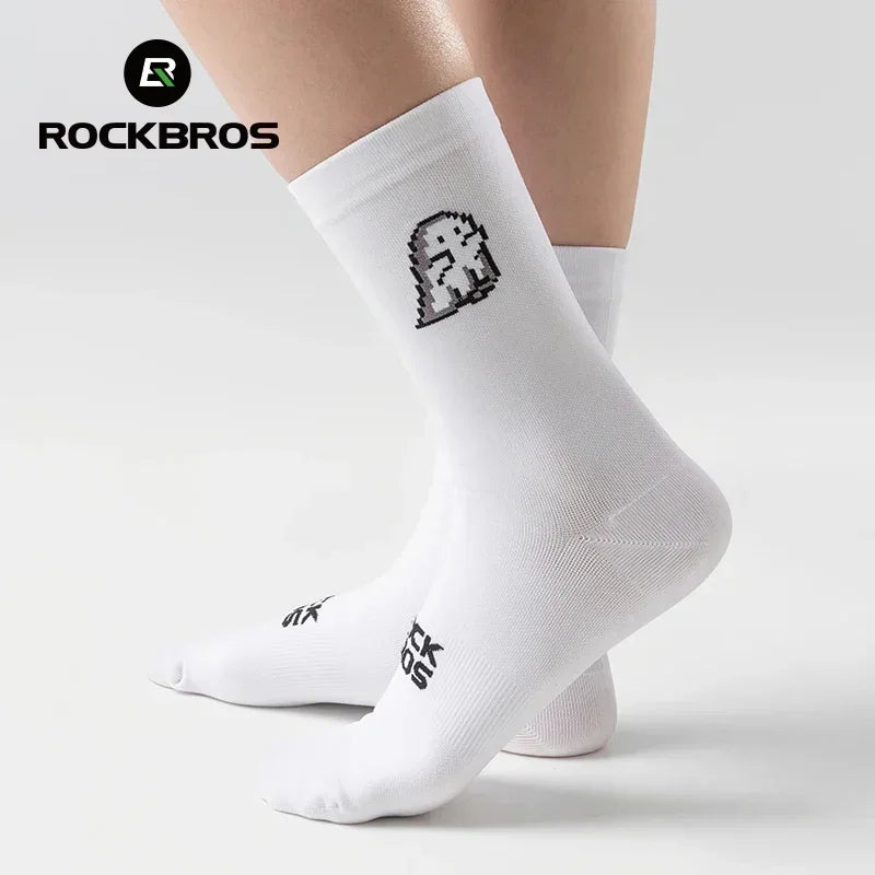 White crew socks with a pixel ghost graphic worn on feet