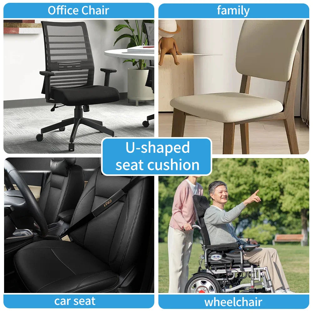 U-shaped seat cushion shown in use on an office chair, home chair, car seat, and wheelchair