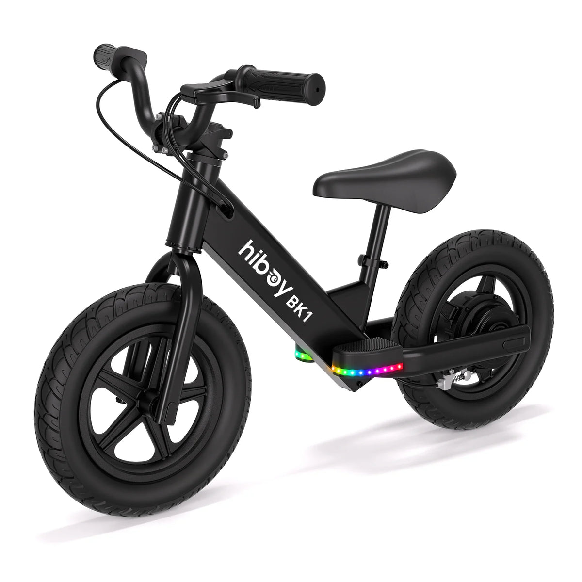 Studio shot of a black electric kids balance bike with colourful LED lights