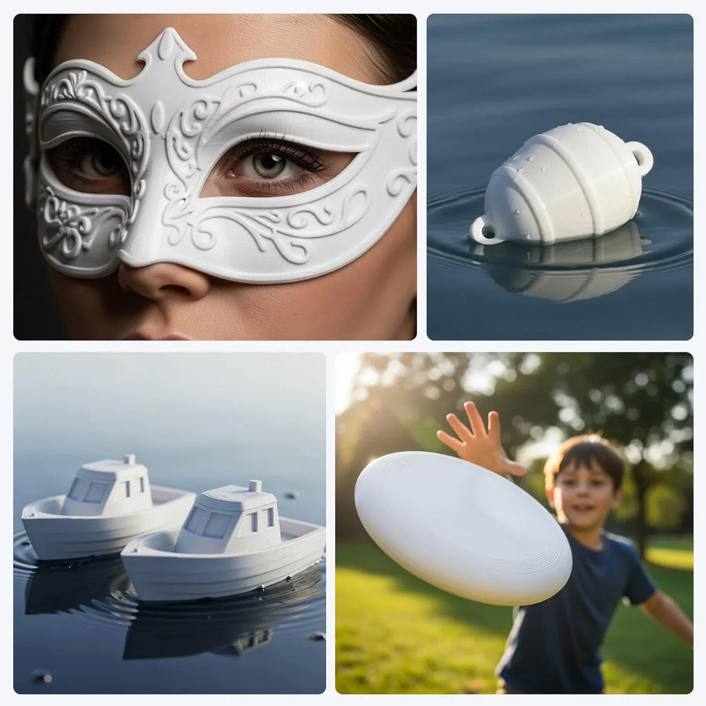 Collection of 3D printed objects including a mask, small boats, and a flying disc.
