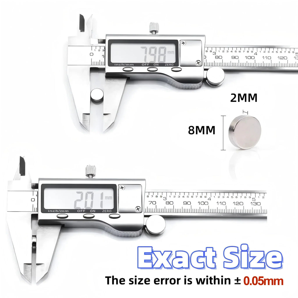 Measurement of a round disc magnet using a digital caliper to show precise sizing.