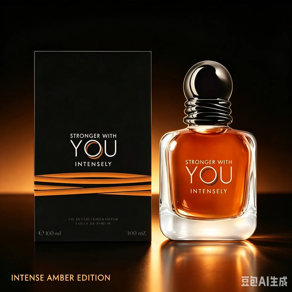 Men's amber perfume bottle with black box packaging, 100ml size, labeled as intense amber edition