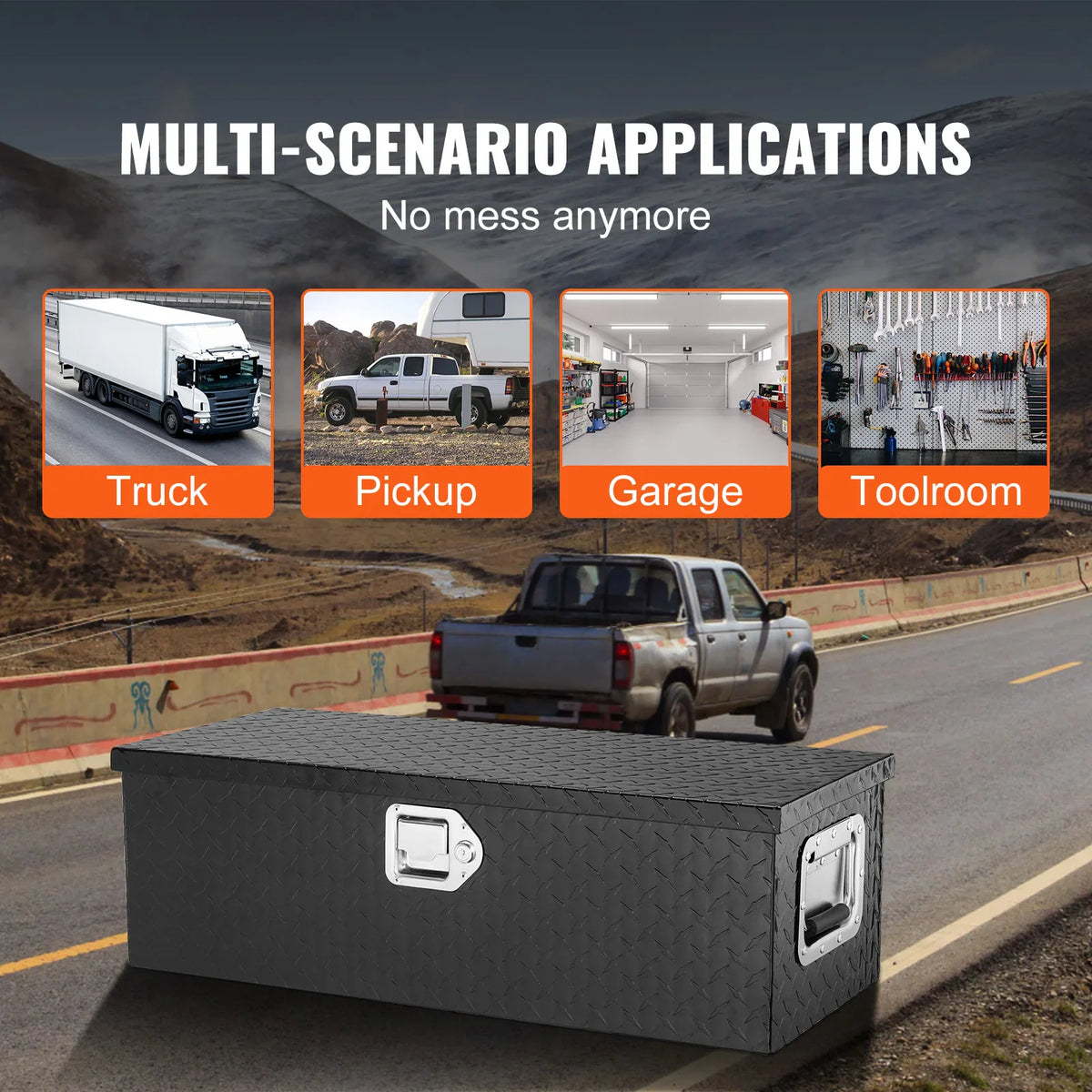Black truck tool box placed on a road with small pictures showing applications in trucks, pickups, garages and tool rooms