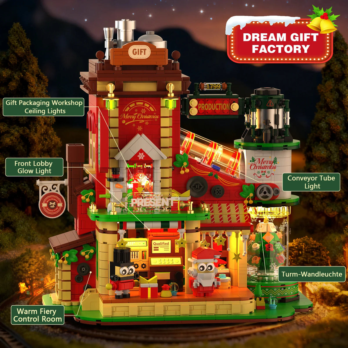 Christmas gift factory building block set with labels identifying various LED lighting components