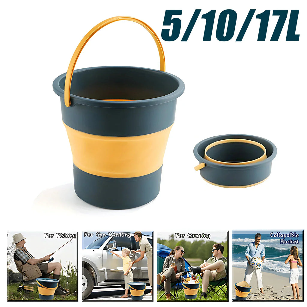 Collapsible bucket in blue and yellow showing expanded and folded states and various outdoor use cases