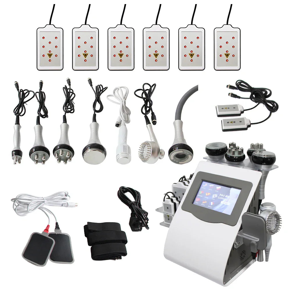 9-in-1 ultrasonic cavitation slimming machine with all included power cords, laser pads, and functional treatment probes