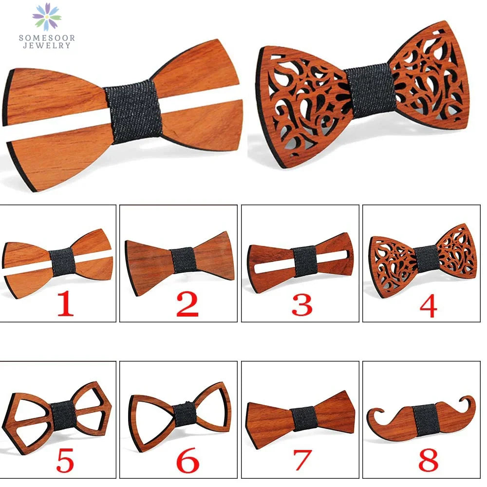 Collection of various wooden bow ties with different cutouts and shapes