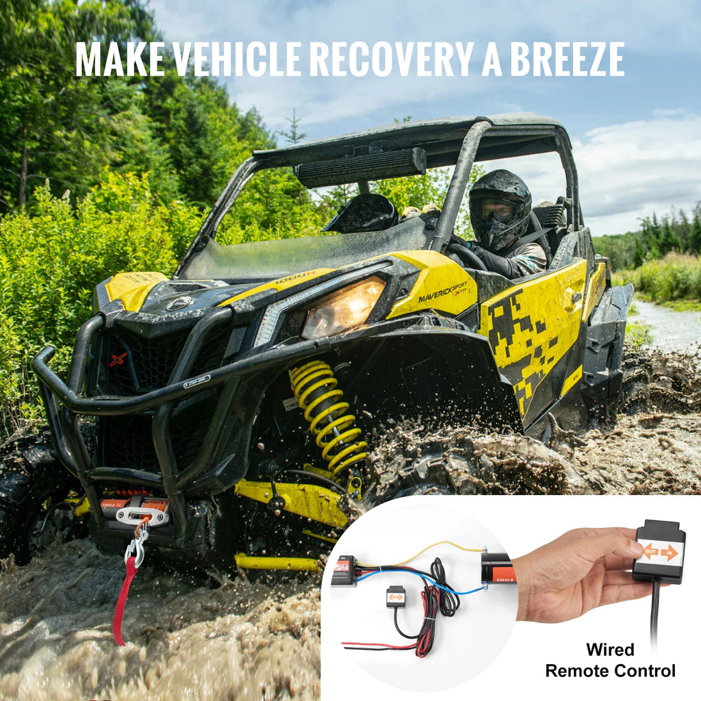 UTV vehicle in mud with a closeup of a wired winch remote control