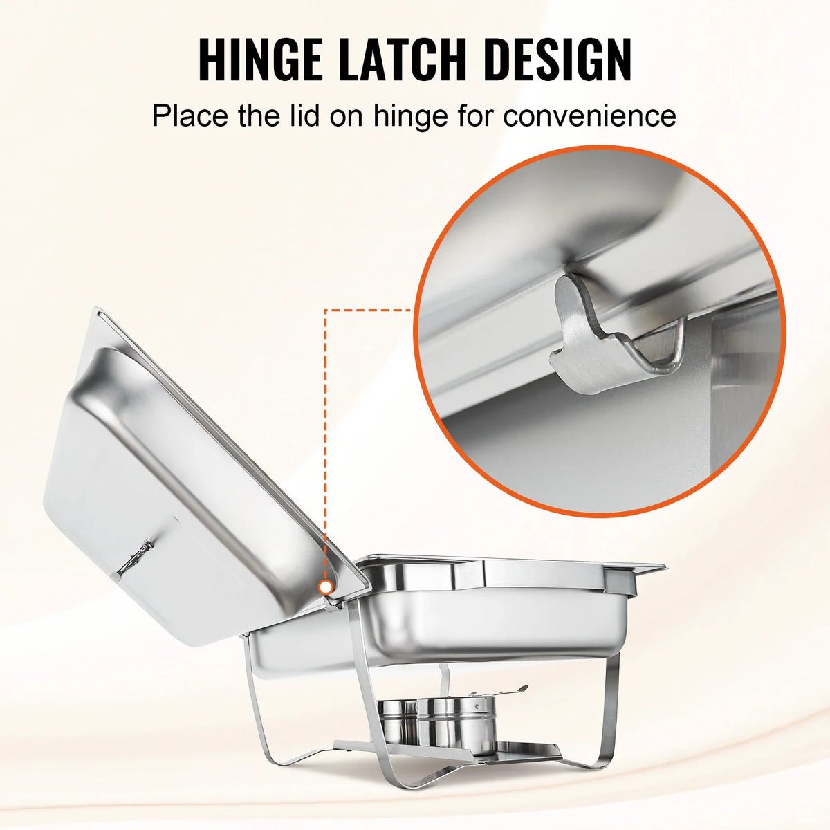 Close-up of the hinge latch design on a stainless steel chafing dish lid.