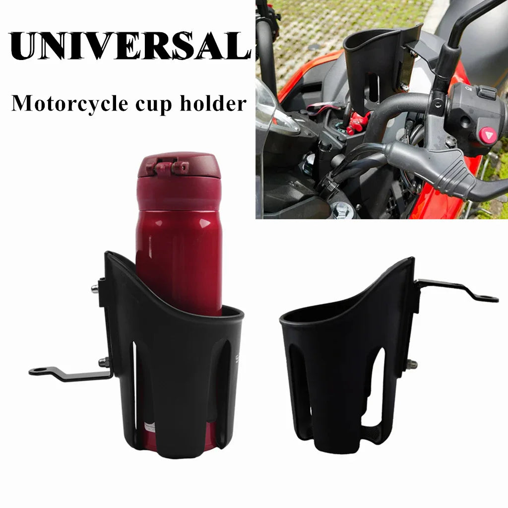 Black plastic universal drink holder mounted on a motorcycle rearview mirror bracket