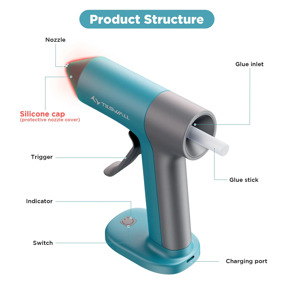 An annotated diagram showing the components of a cordless hot melt glue gun