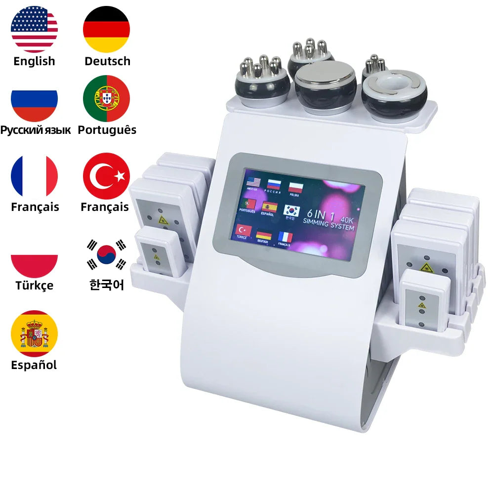 A beauty slimming system device with multi-language flags and touchscreen interface.