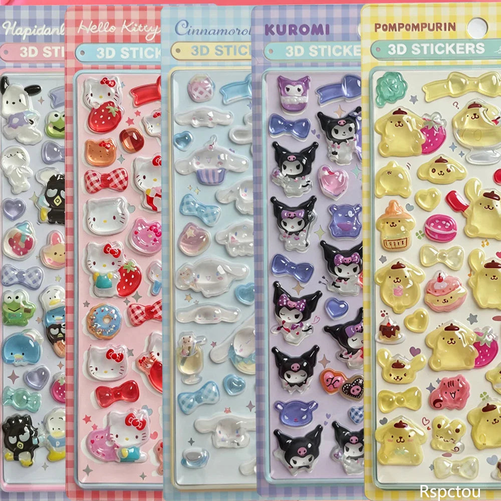 A set of five sheets of assorted 3D cartoon character stickers with bows and desserts.
