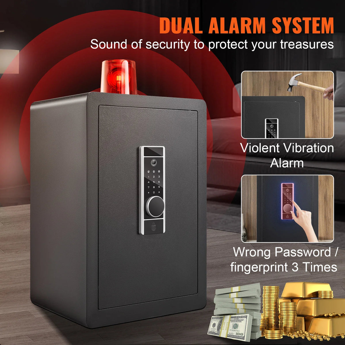 Security safe featuring a dual alarm system that triggers upon vibration or repeated incorrect entries.