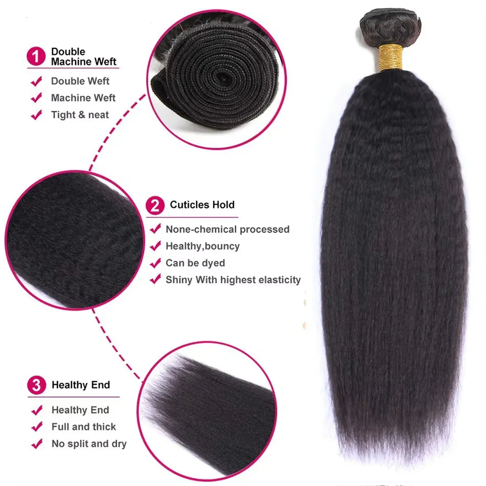 Kinky straight hair bundle with infographics explaining machine weft and hair quality features