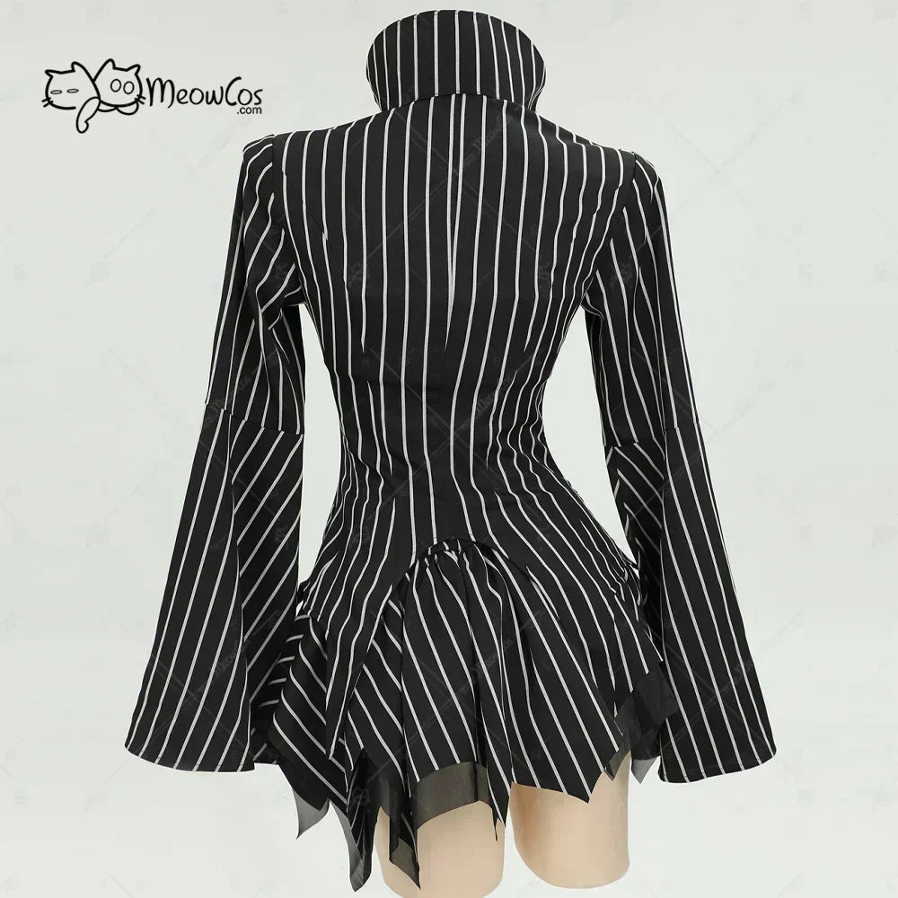 Back view of women's black and white striped cosplay top