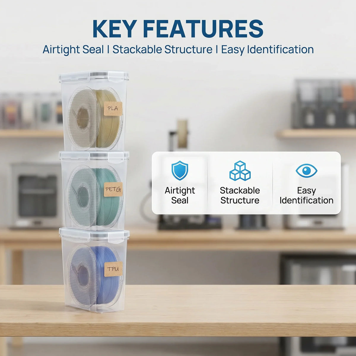 Three stackable clear plastic storage containers for 3D printer filament spools on a wooden desk