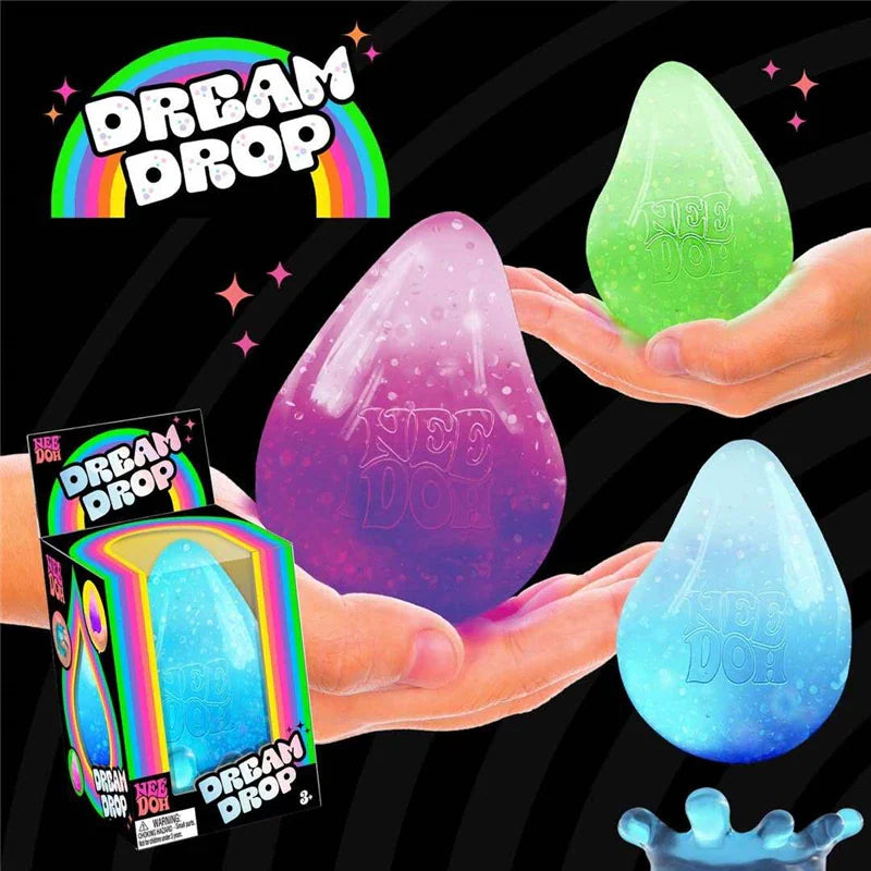 A collection of colorful glittery water-drop shaped squishy toys with their retail packaging box
