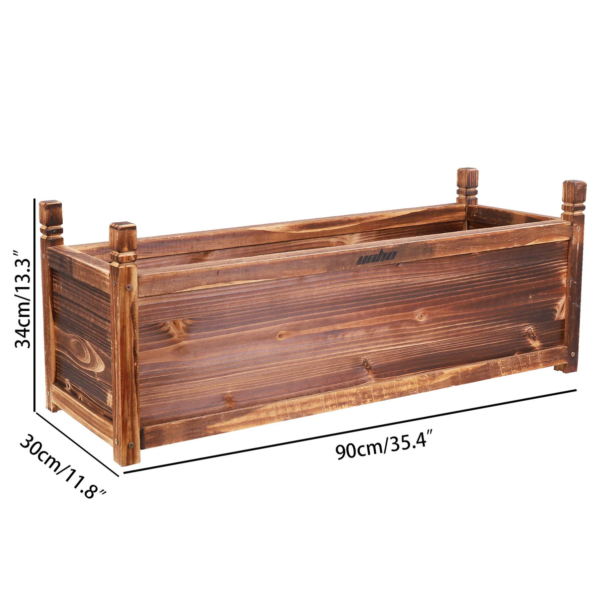 Rectangular wooden planter box with measurement annotations in centimeters and inches