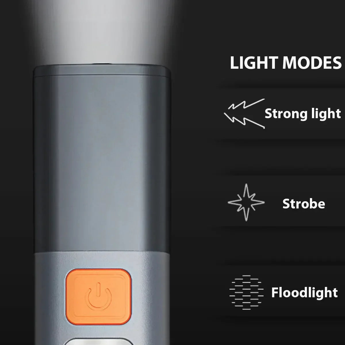 Grey portable LED flashlight demonstrating three different light modes