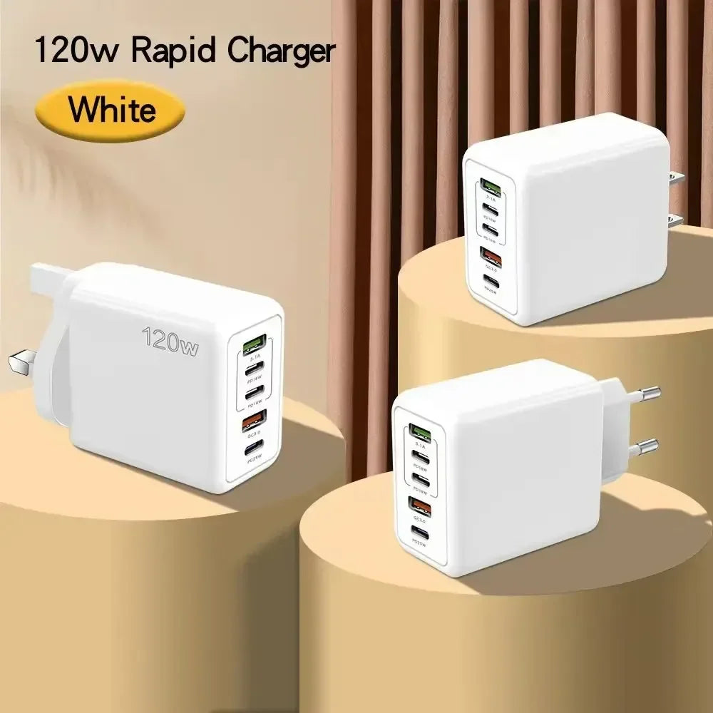 Three white 120W multi-port fast chargers with different plug types