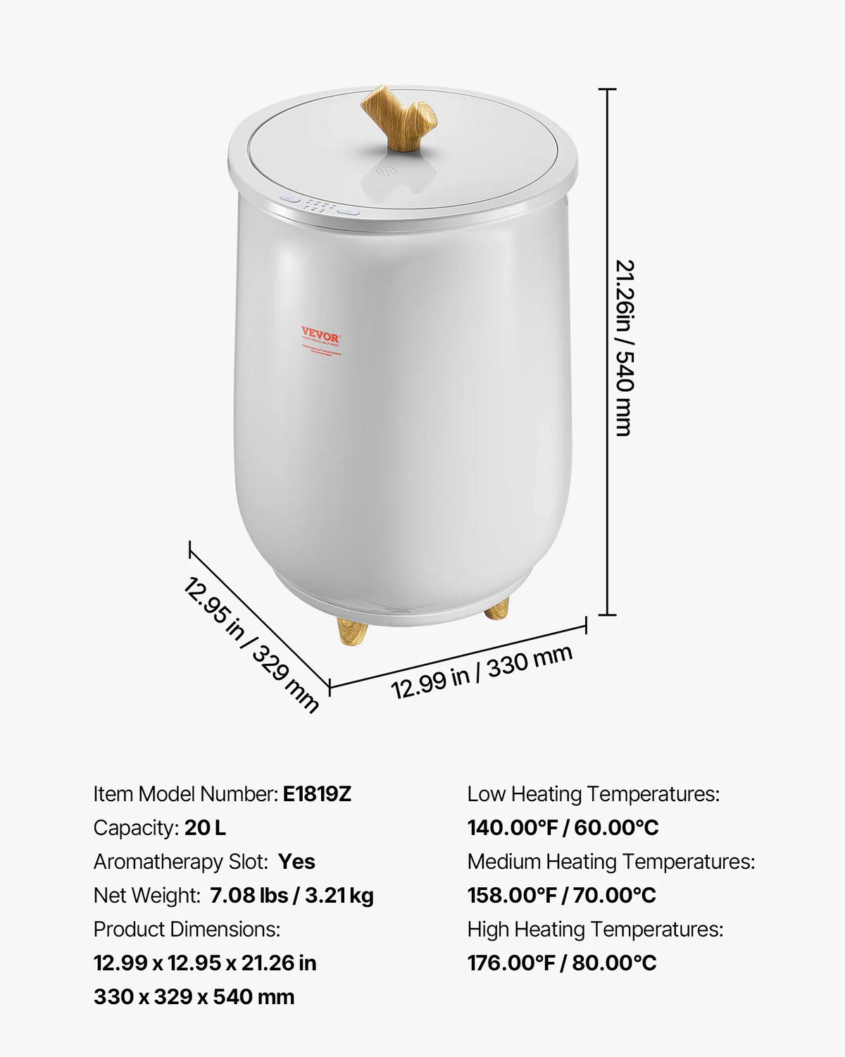 Dimensions and specifications of a white towel warmer bucket