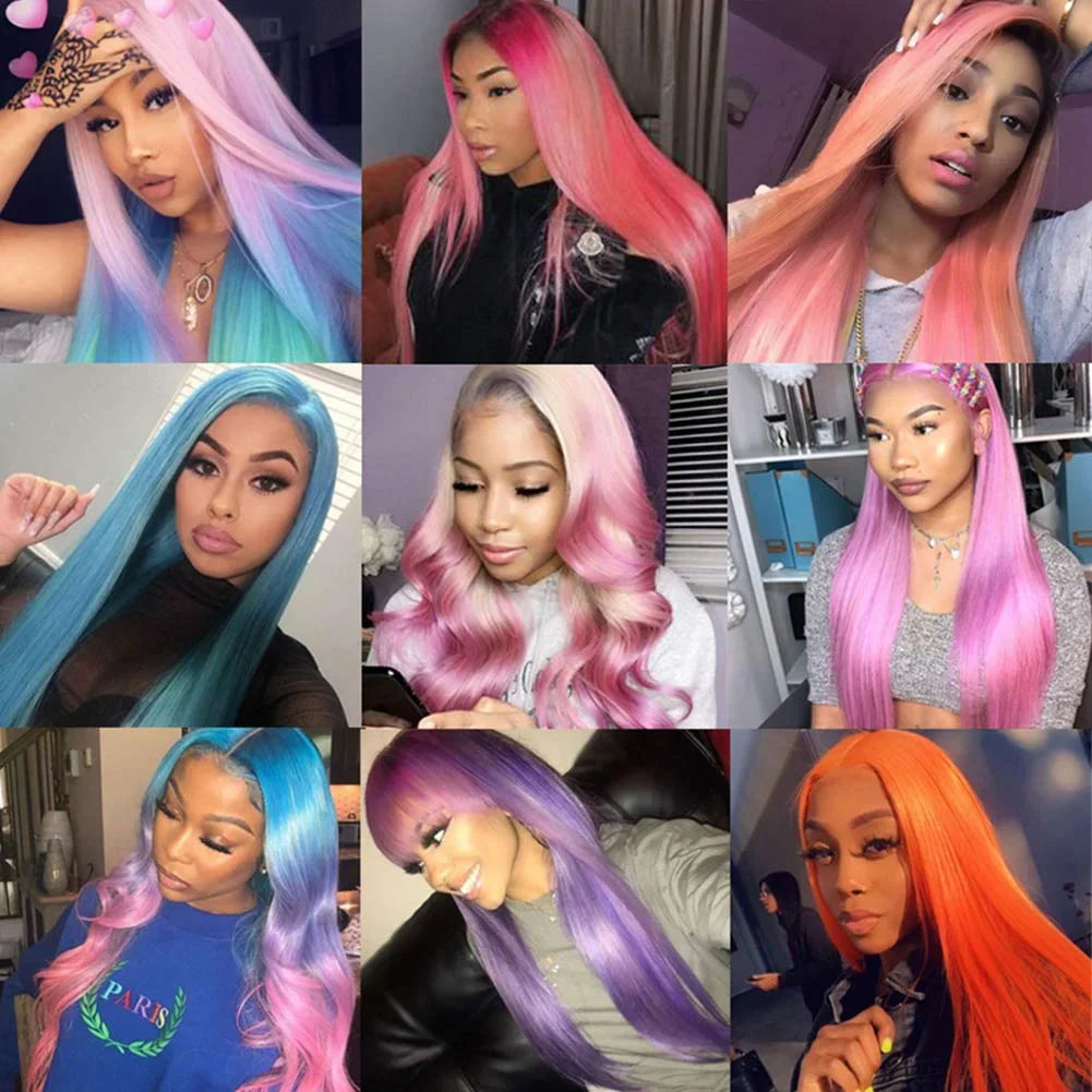 Collage of diverse women wearing various colorful hair wigs