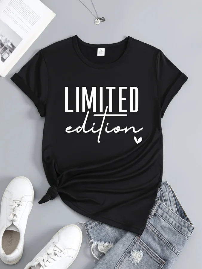 Black women's round neck t-shirt with Limited Edition text and heart graphic