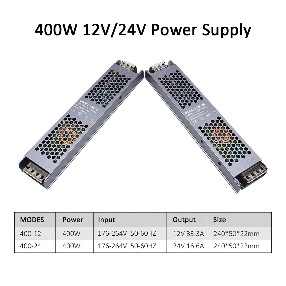 400W 12V and 24V slim metal power supplies with technical specifications table