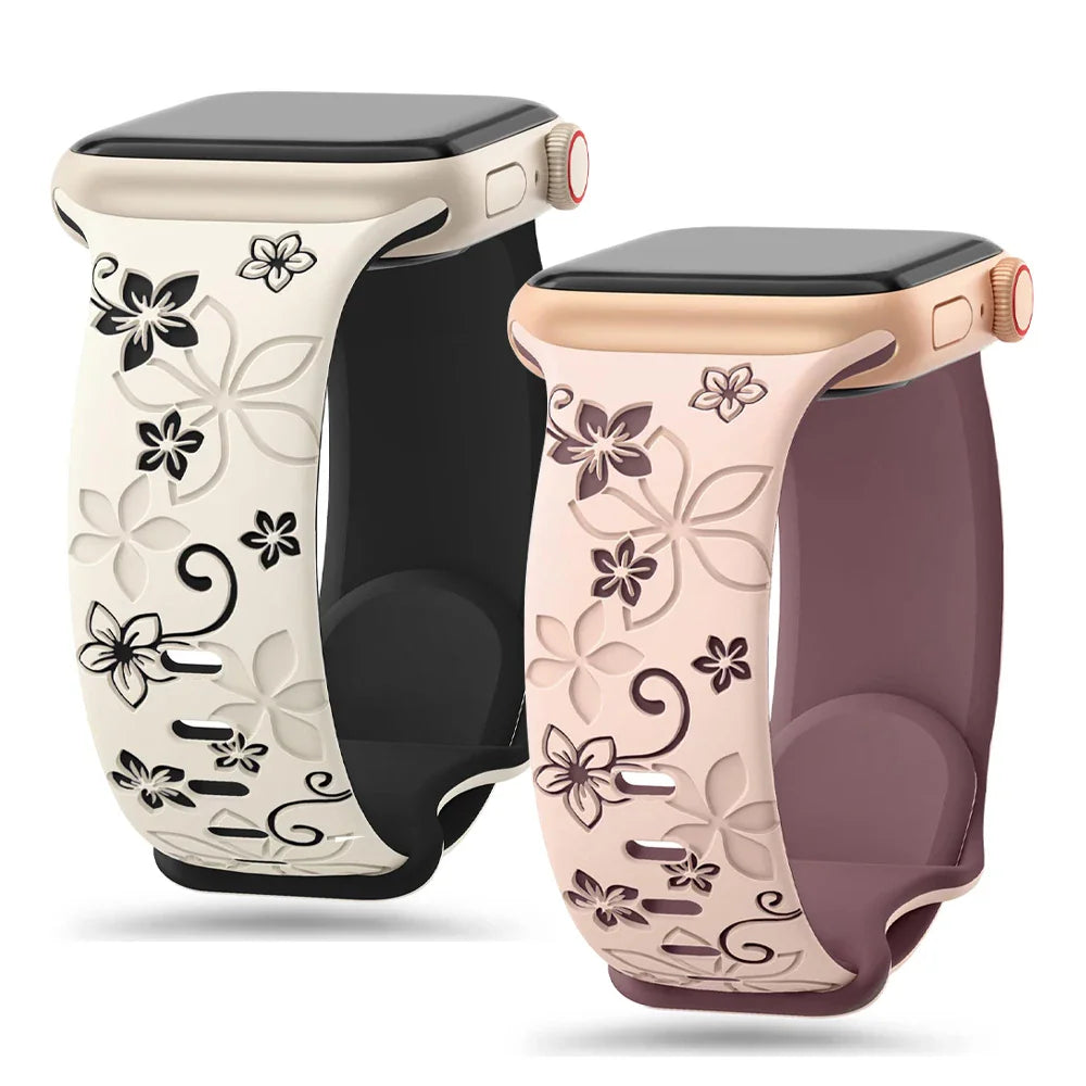 Two silicone watch bands for smartwatches with engraved floral patterns in beige and light pink