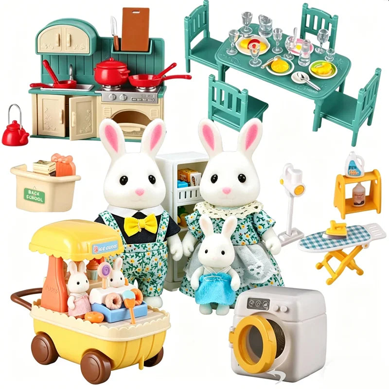 Miniature dollhouse furniture set with rabbit figurines, kitchen and dining accessories.