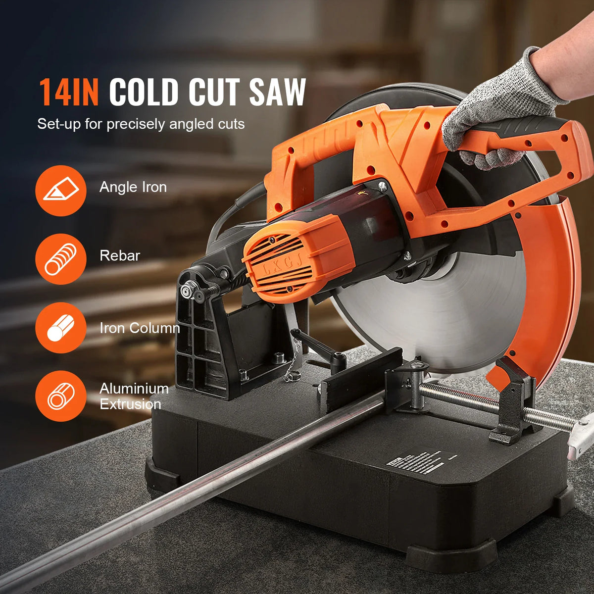 14 inch orange and black cold cut saw for cutting metal pipes and rebar