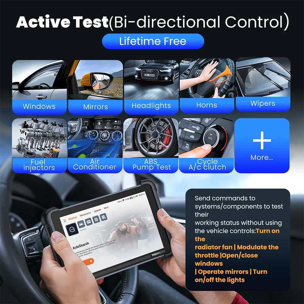 Automotive diagnostic tablet showing active test and bidirectional control capabilities for car components