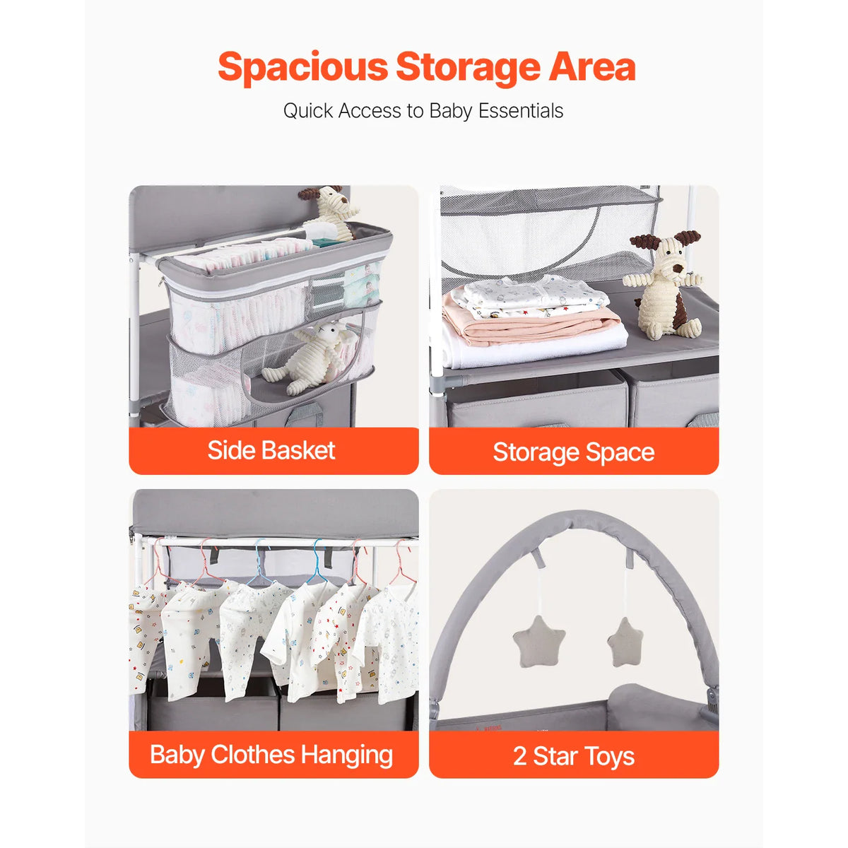 Collage showing features of a baby changing table: side basket, storage area, hanging clothes, and star mobile