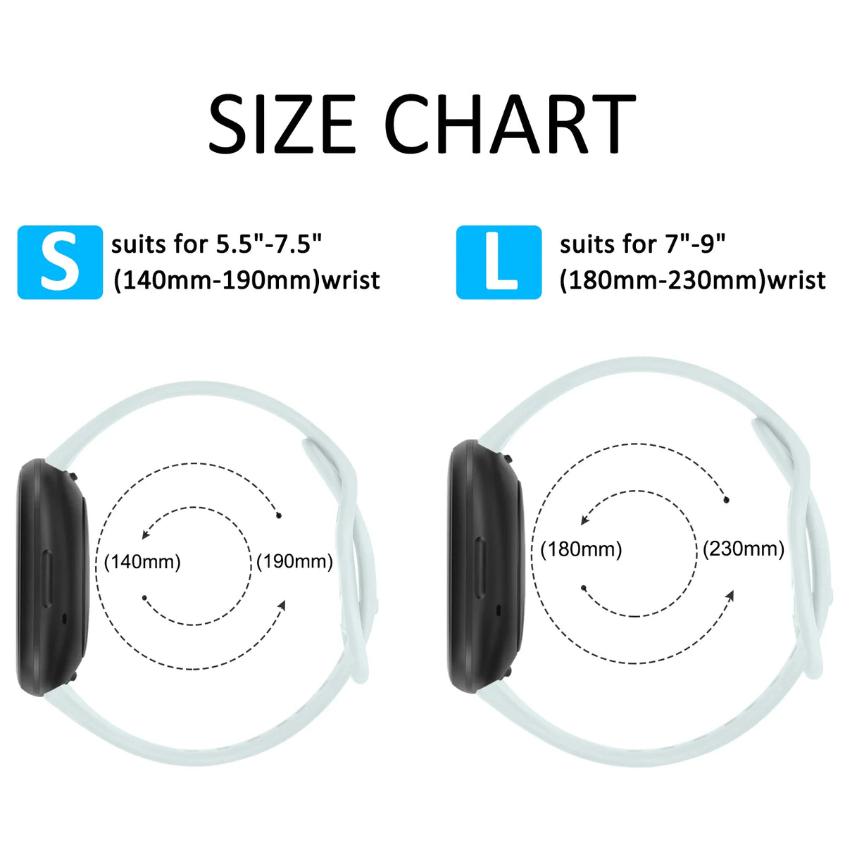 A size guide showing small and large options for smartwatch bands in millimeters and inches.
