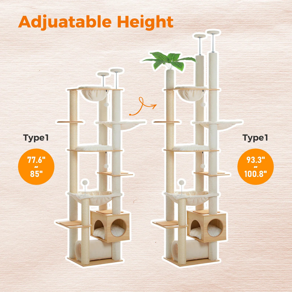 Diagram showing the height-adjustable feature of the floor-to-ceiling wooden cat tree.