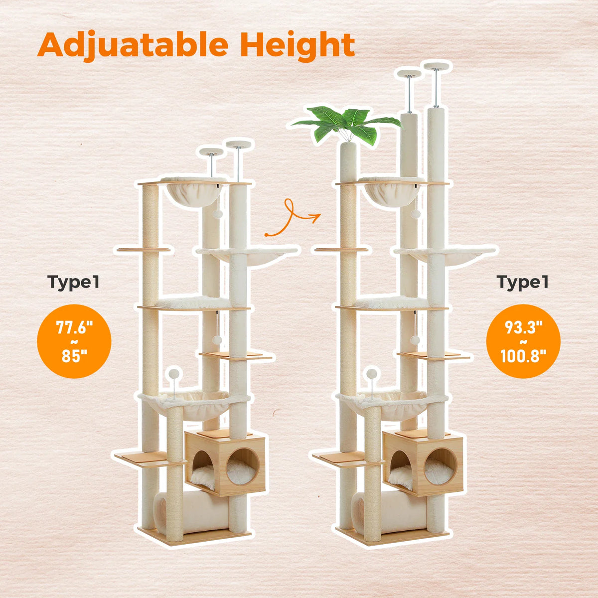 Diagram showing the height-adjustable feature of the floor-to-ceiling wooden cat tree.