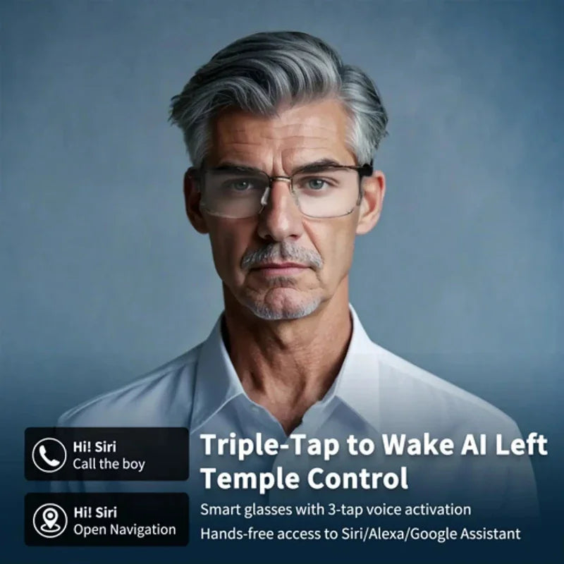 Man wearing smart audio reading glasses with voice assistant features